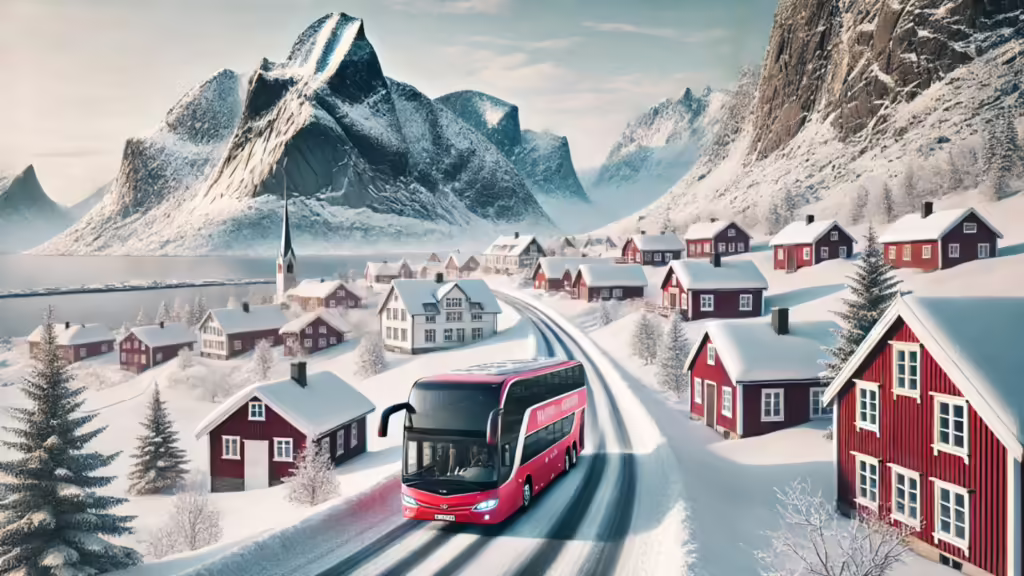 Skibuss som kjører gjennom vinterlandskap på vei fra Mo i Rana til Hemavan 