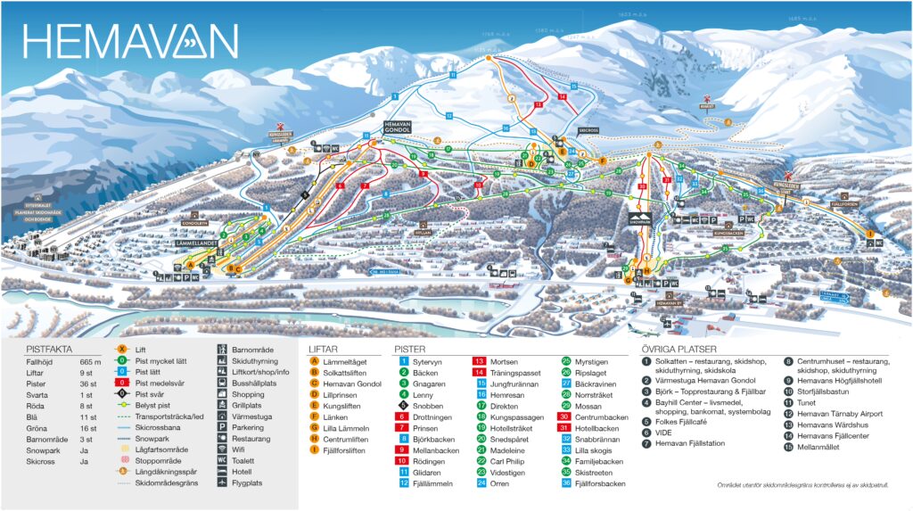 Pistkarta över skidåkningen i Hemavan med liftar, nedfarter, restauranger, barnområden, grillplatser, värmestugor utmarkerad.